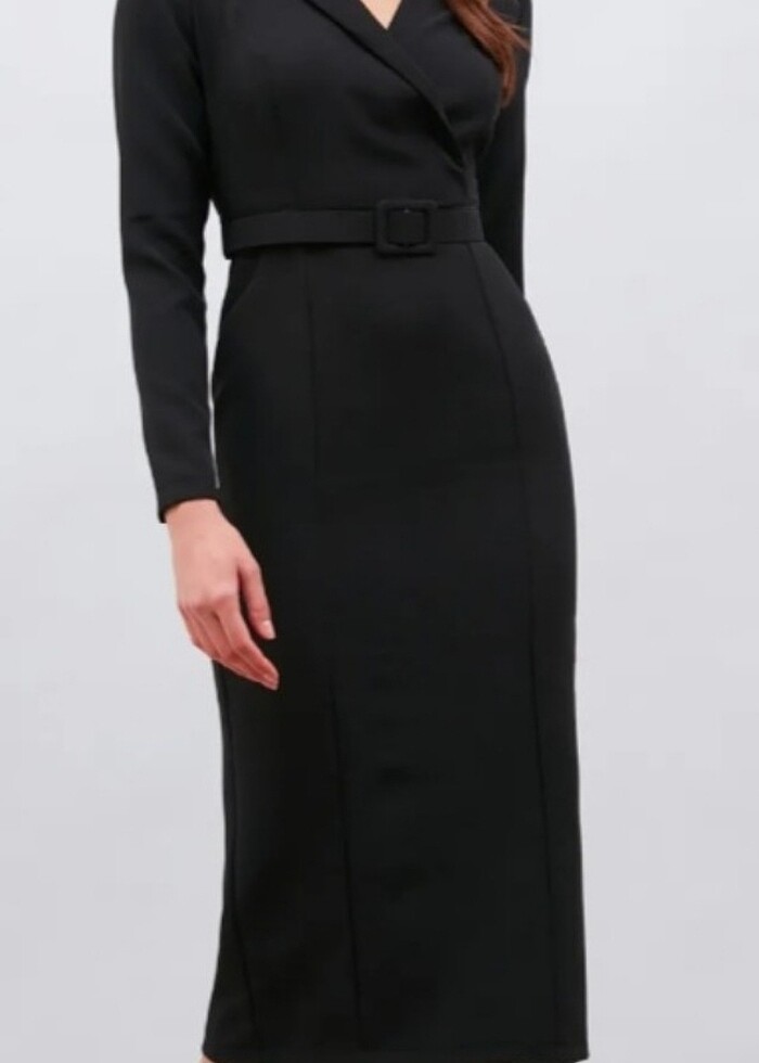 Kemerli Siyah Kalem Elbise  - Görsel 2