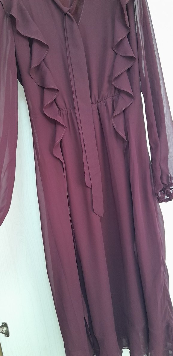 Önü Fırfırlı Yakası Bağlamalı Uzun Kollu Midi Boy Elbise - Görsel 4