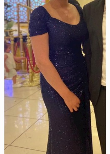 Parlak Lacivert Pul Payetli Uzun Abiye Elbise - Görsel 2