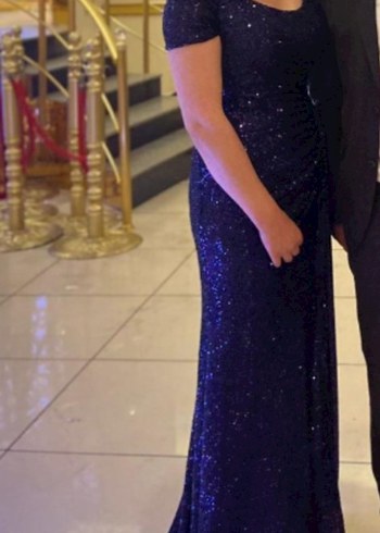 Parlak Lacivert Pul Payetli Uzun Abiye Elbise - Görsel 3