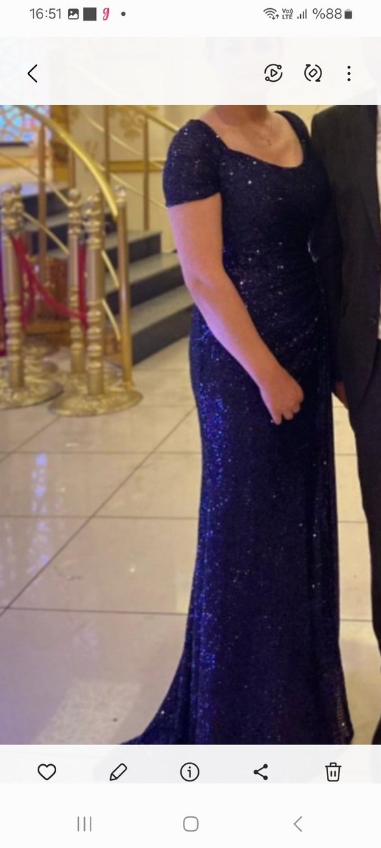 Parlak Lacivert Pul Payetli Uzun Abiye Elbise - Görsel 3