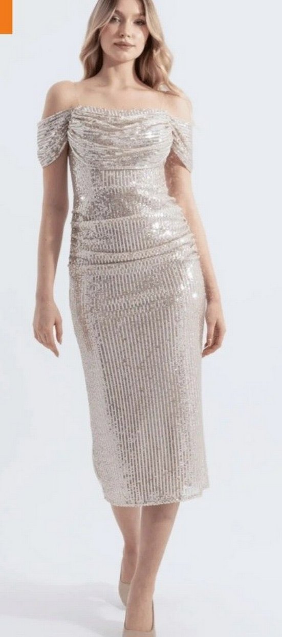 Bej Drapeli Midi Abiye Elbise - Görsel 2