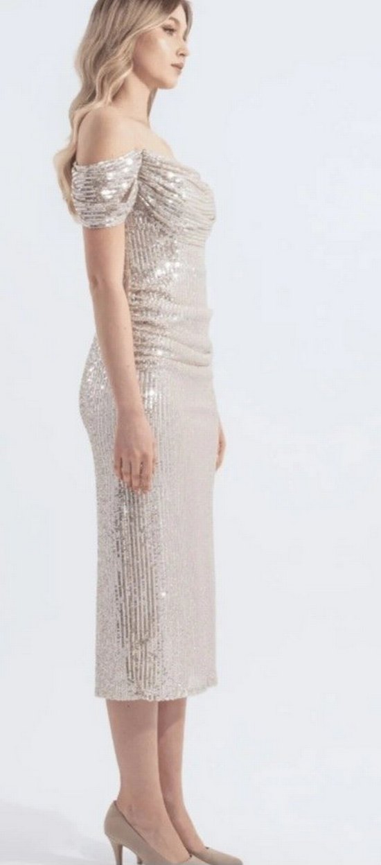 Bej Drapeli Midi Abiye Elbise - Görsel 4