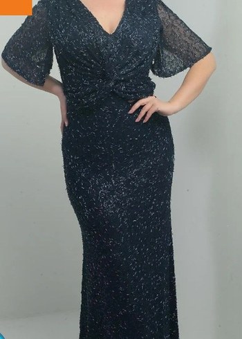 V Yaka Önü Düğüm Detaylı Boncuk İşlemeli Abiye Elbise - Görsel 2