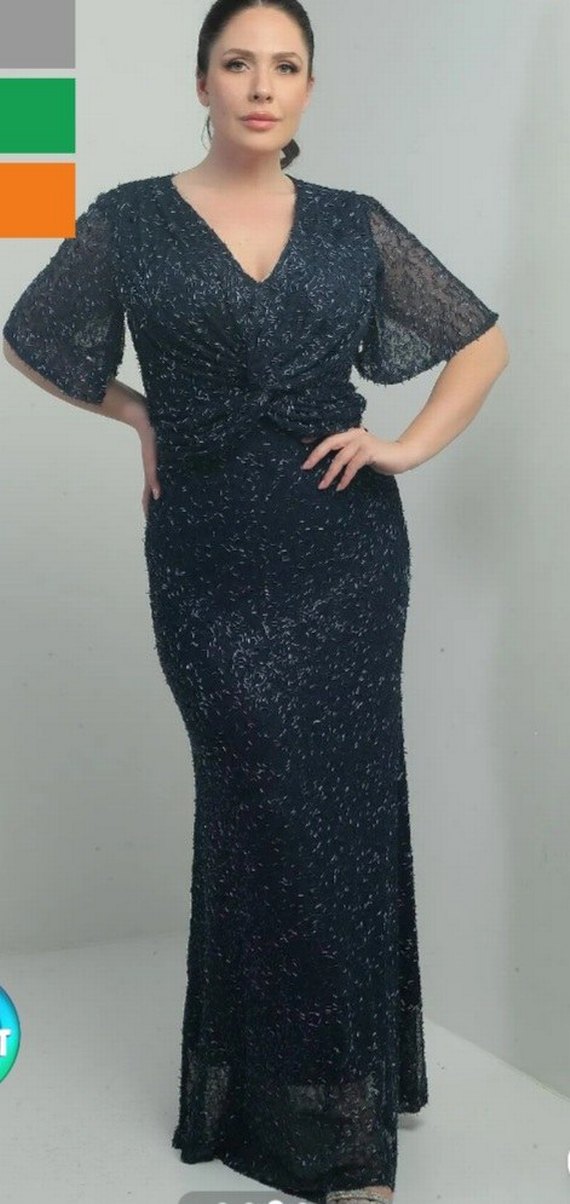 V Yaka Önü Düğüm Detaylı Boncuk İşlemeli Abiye Elbise - Görsel 2