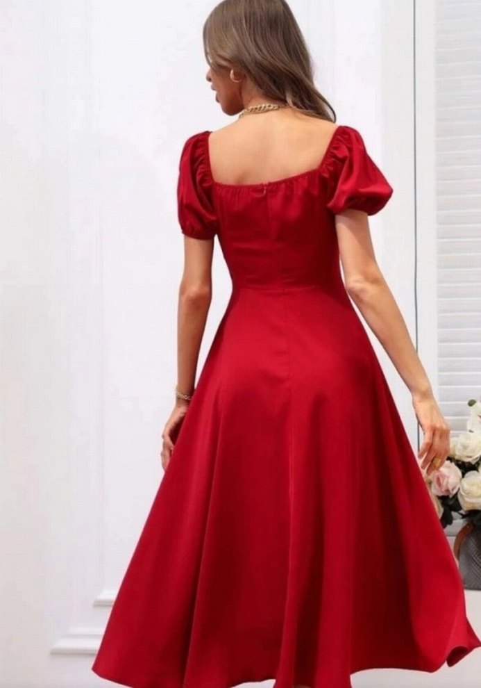 Bordo V Yaka Uzun Kadın Elbise - Görsel 2