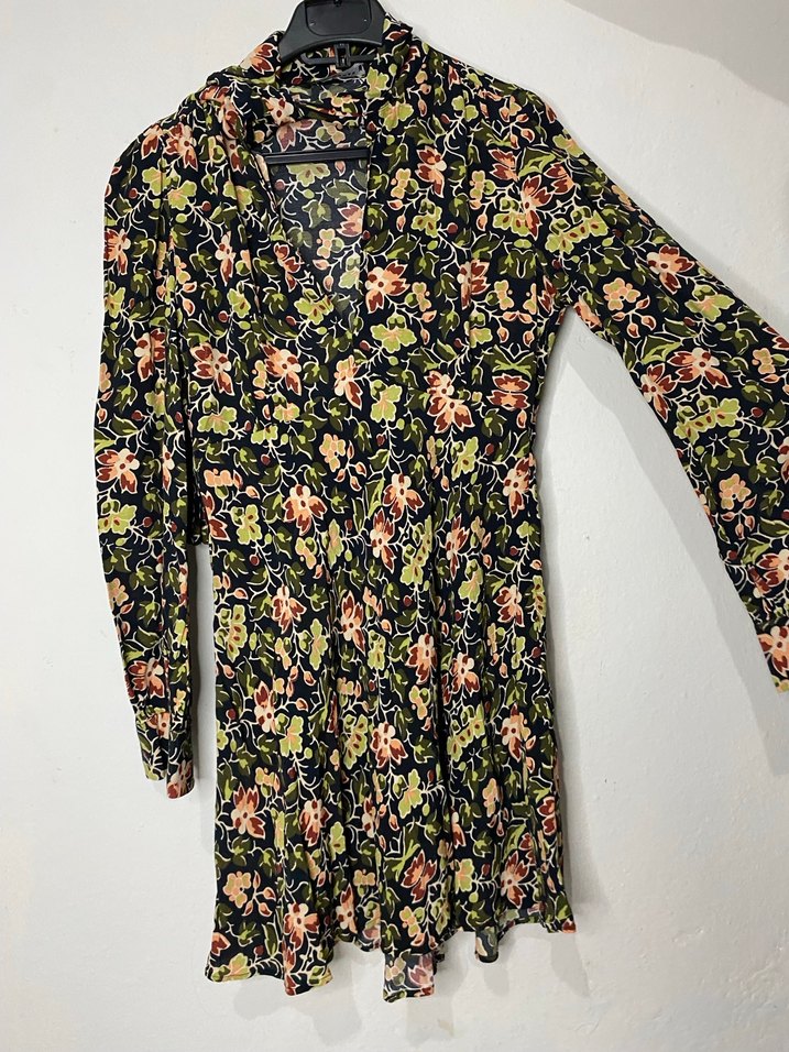 Çiçekli Uzun Kollu Bohem Mini Elbise - Görsel 2