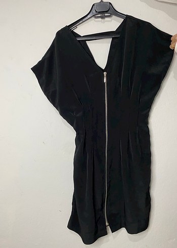 Siyah V Yakalı Drapeli Midi Elbise - Görsel 2