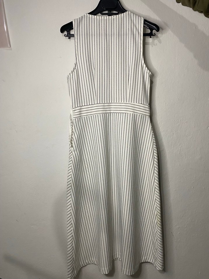 Çizgili V Yaka Uzun Kolsuz Kadın Elbise - Görsel 2