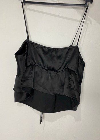 Siyah İnce Askılı Mini V Yakalı Saten Bluz - Görsel 2