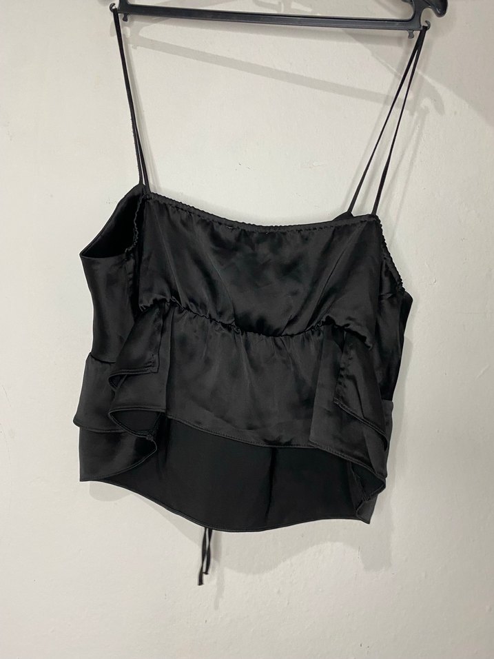 Siyah İnce Askılı Mini V Yakalı Saten Bluz - Görsel 2