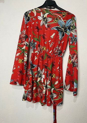 Uzun Kollu, Renkli Baskılı Kısa Bohem Tulum - Görsel 2