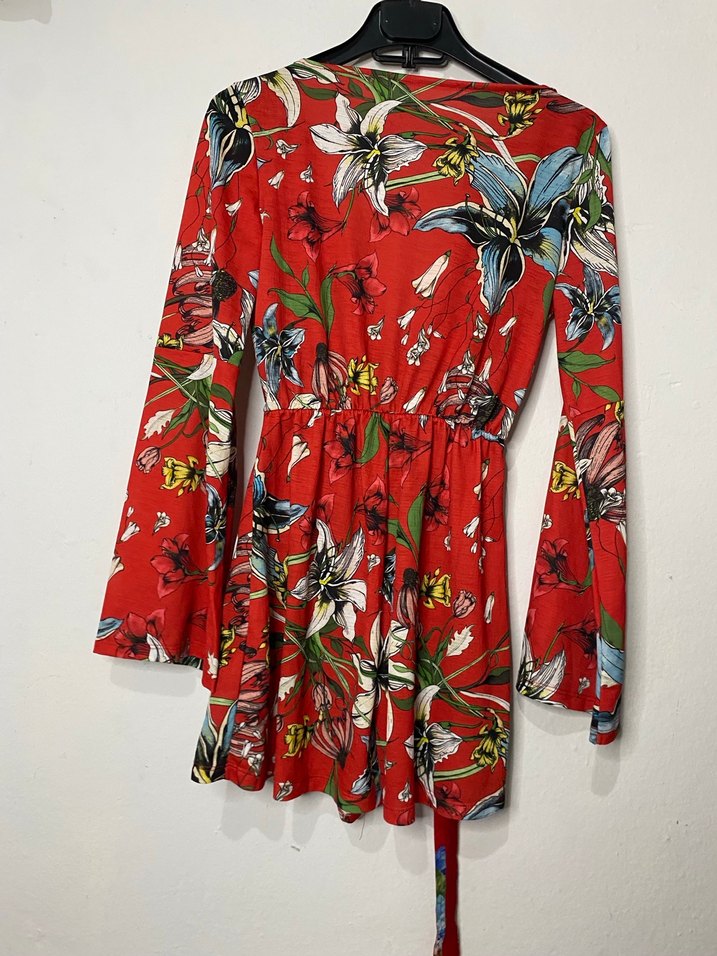 Uzun Kollu, Renkli Baskılı Kısa Bohem Tulum - Görsel 2