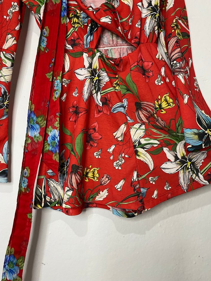 Uzun Kollu, Renkli Baskılı Kısa Bohem Tulum - Görsel 3