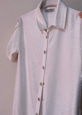 İşlemeli Beyaz Saten Kadın Gömlek elbise - Görsel 2