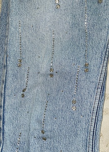 Mavi Payetli İşlemeli Salaş Midi Kot Pantolon - Görsel 3