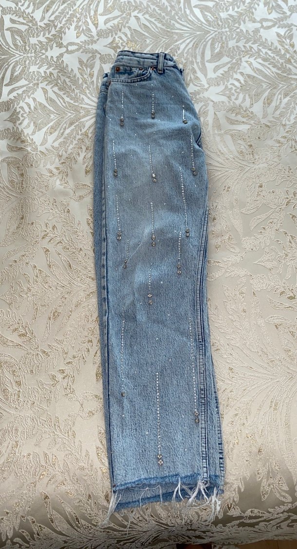 Mavi Payetli İşlemeli Salaş Midi Kot Pantolon - Görsel 2