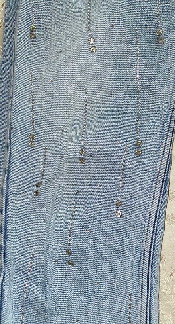 Mavi Payetli İşlemeli Salaş Midi Kot Pantolon - Görsel 3