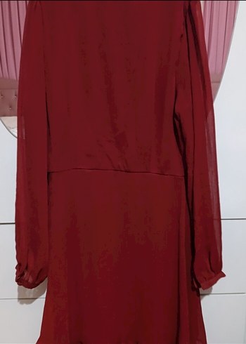 Bordo V Yaka Düğmeli Uzun Kollu  Elbise - Görsel 5