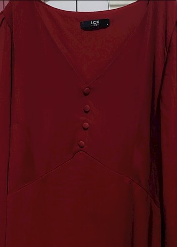 Bordo V Yaka Düğmeli Uzun Kollu  Elbise - Görsel 2