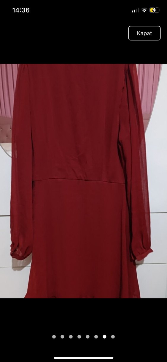 Bordo V Yaka Düğmeli Uzun Kollu  Elbise - Görsel 5