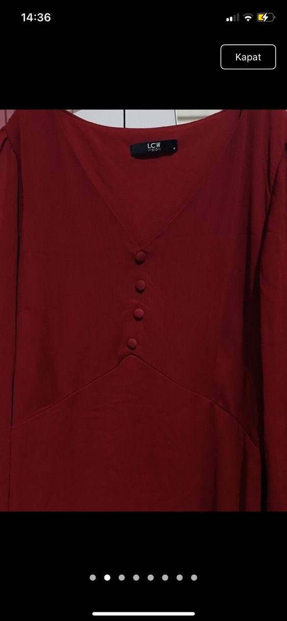 Bordo V Yaka Düğmeli Uzun Kollu  Elbise - Görsel 2