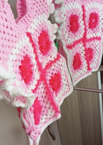 Pembe Nakışlı Örgü Kız Panço - Görsel 3