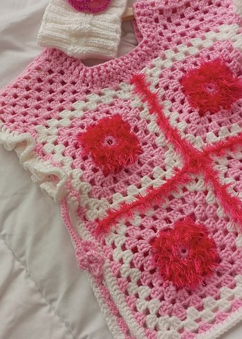 Pembe Nakışlı Örgü Kız Panço - Görsel 4