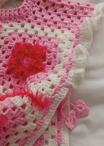 Pembe Nakışlı Örgü Kız Panço - Görsel 5