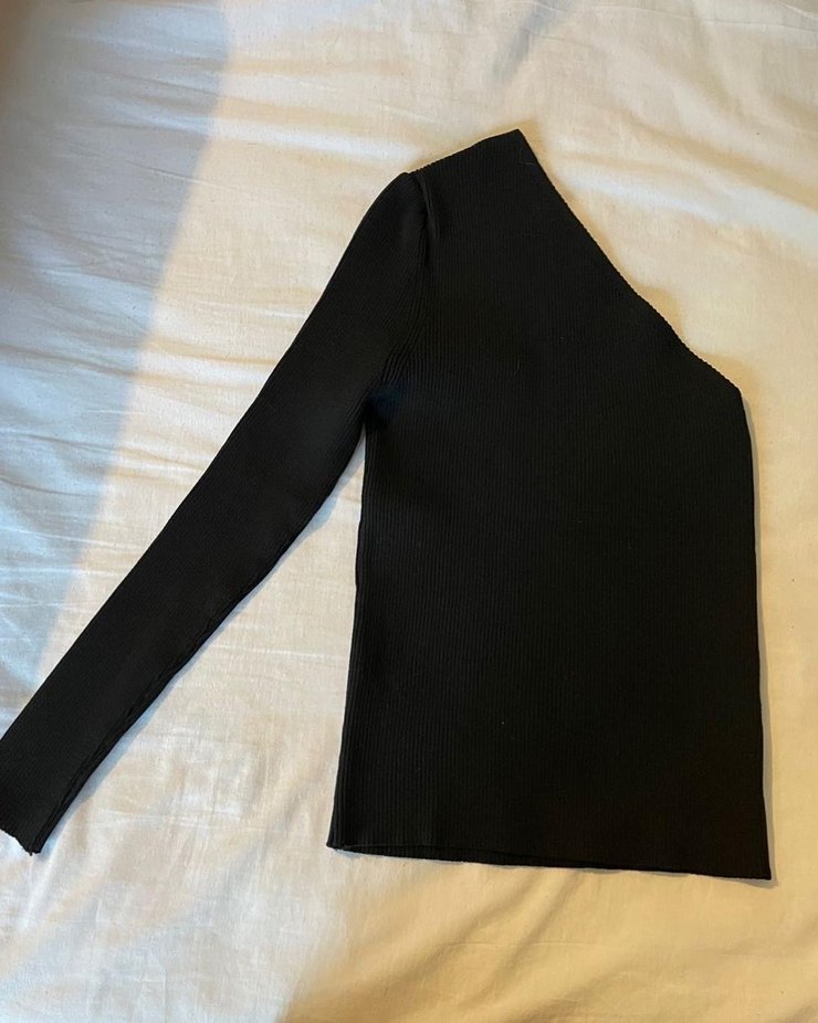 Tek Omuz Uzun Kollu Siyah Denim Bluz - Görsel 3