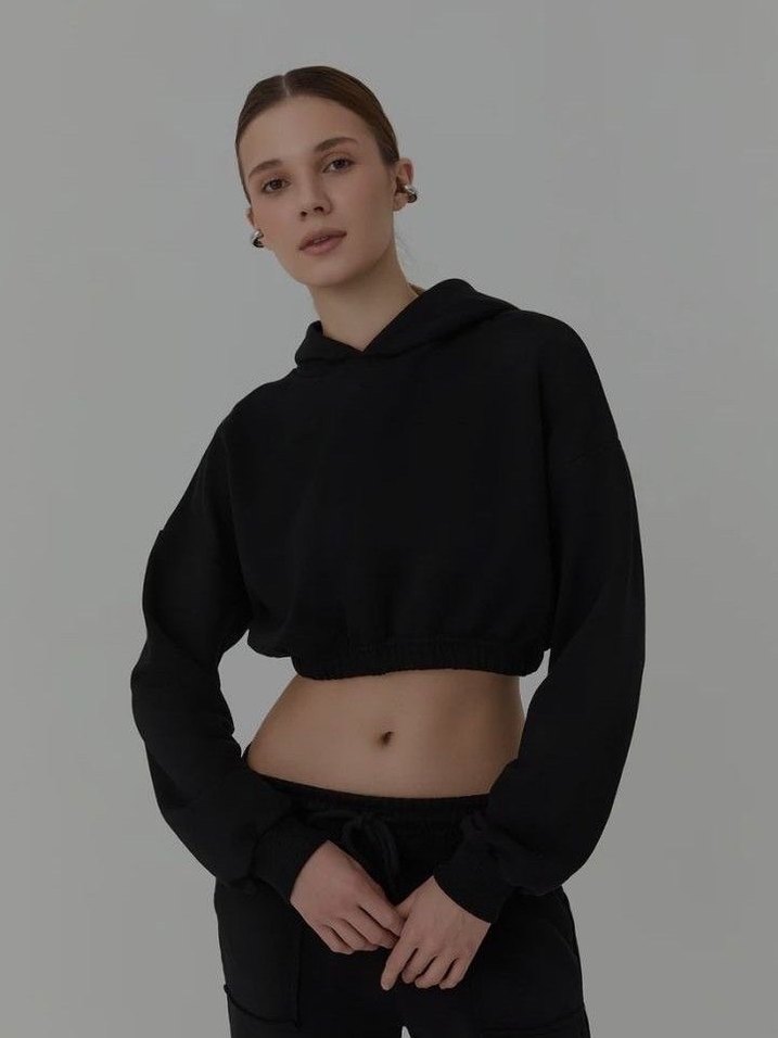 Siyah Mini Crop Sweatshirt - Görsel 2