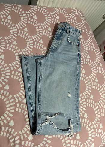 Nakışlı Düğmeli Mavi Midi Kot Pantolon - Görsel 2