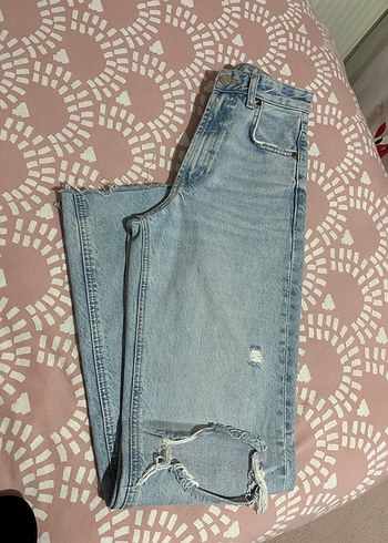 Nakışlı Düğmeli Mavi Midi Kot Pantolon - Görsel 5