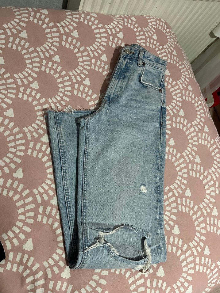 Nakışlı Düğmeli Mavi Midi Kot Pantolon - Görsel 2