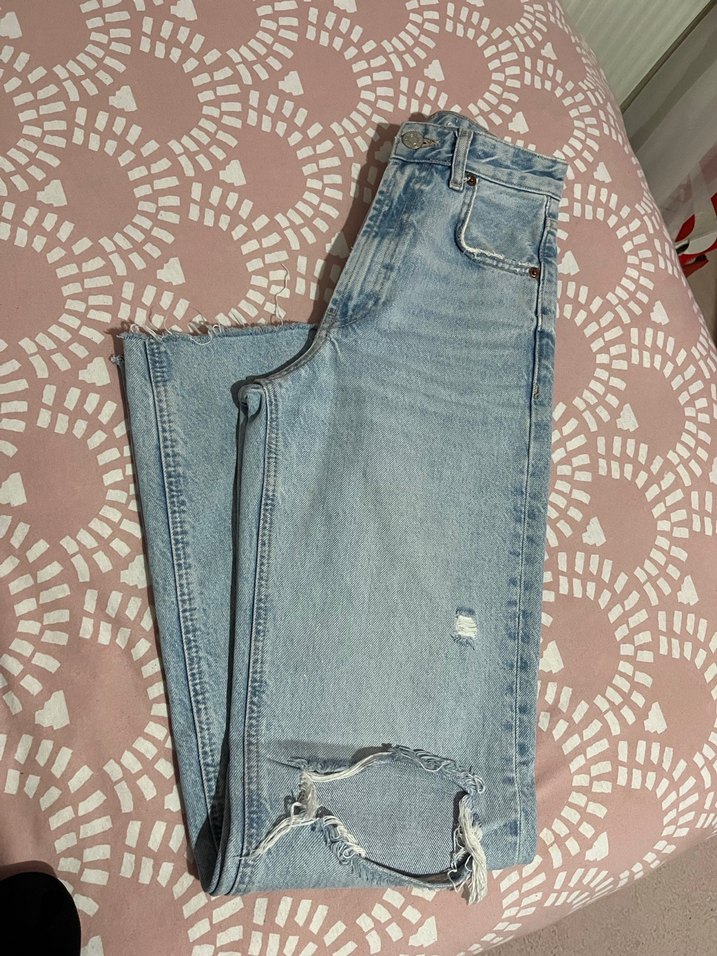 Nakışlı Düğmeli Mavi Midi Kot Pantolon - Görsel 5