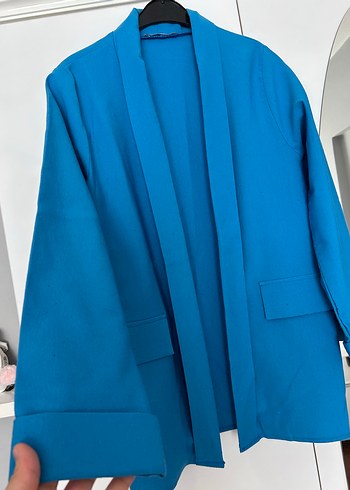 Zara Keten Mavi Kadın Midi Ceket