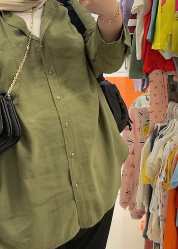 Kadın Haki Keten Düğmeli Gömlek - Görsel 8