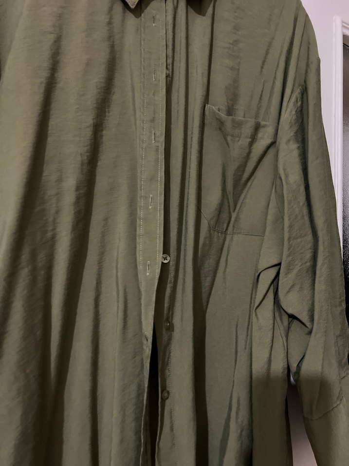 Kadın Haki Keten Düğmeli Gömlek - Görsel 4