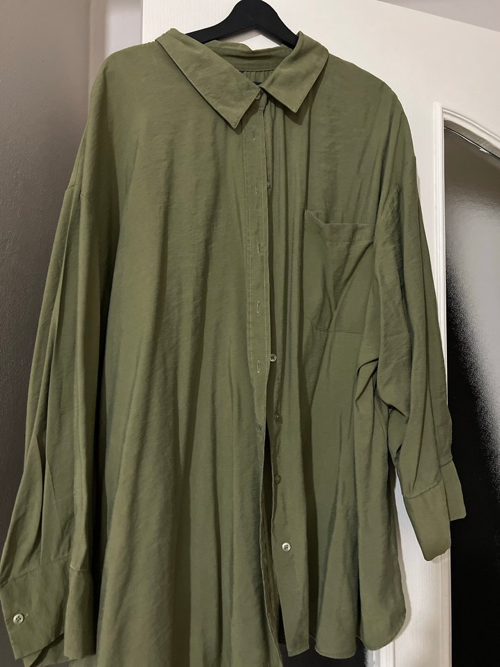 Kadın Haki Keten Düğmeli Gömlek - Görsel 2