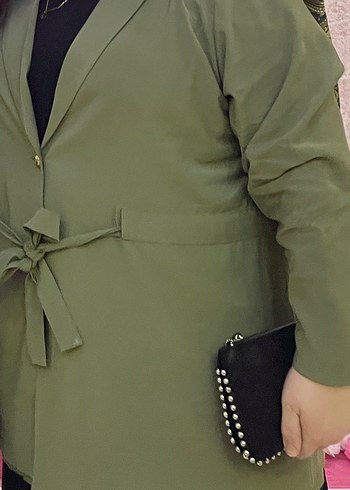 Kadın Haki Uzun Kuşaklı ceket - Görsel 9