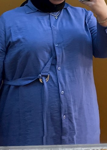 Düğmeli Mavi Keten tesettür Gömlek - Görsel 8