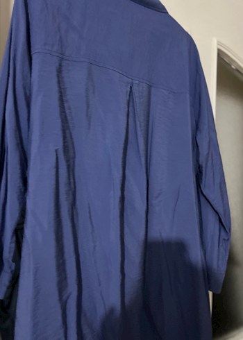 Düğmeli Mavi Keten tesettür Gömlek - Görsel 5