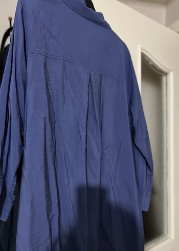 Düğmeli Mavi Keten tesettür Gömlek - Görsel 6