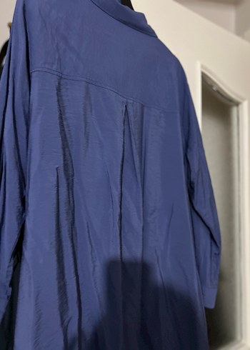 Düğmeli Mavi Keten tesettür Gömlek - Görsel 7