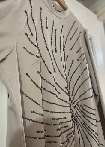 Bej Uzun Kollu Baskılı Kadın Elbise - Görsel 4