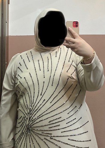 Bej Uzun Kollu Baskılı Kadın Elbise - Görsel 8