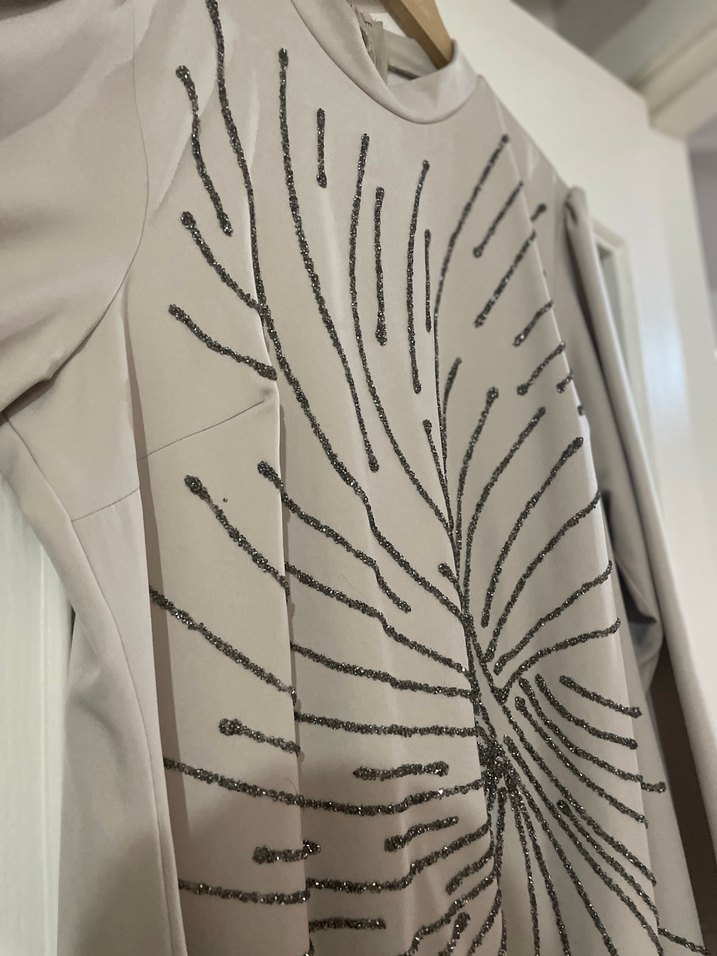 Bej Uzun Kollu Baskılı Kadın Elbise - Görsel 4