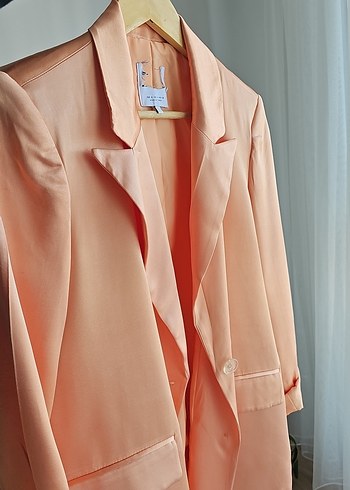 s Beden Bej Kadın Midi Saten Blazer Ceket