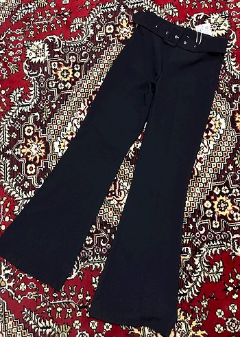 Kadın Kemerli Siyah palazzo Pantolon