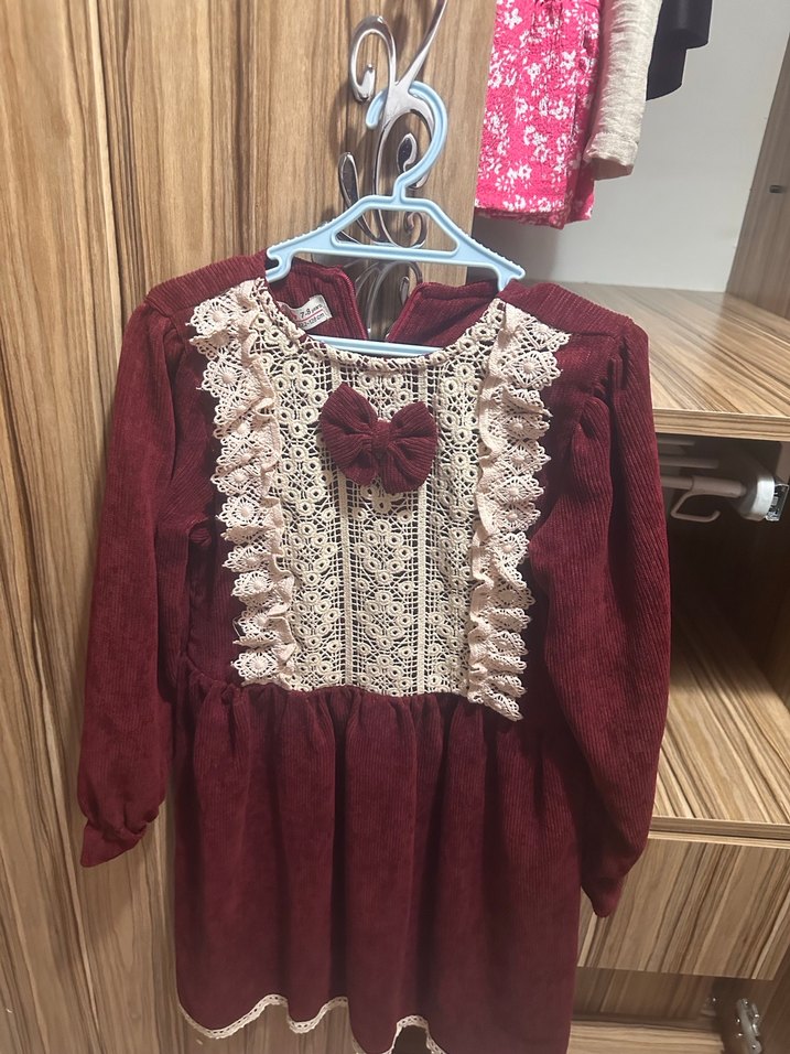 Bordo Bohem Uzun Kollu Kız Elbisesi - Görsel 2